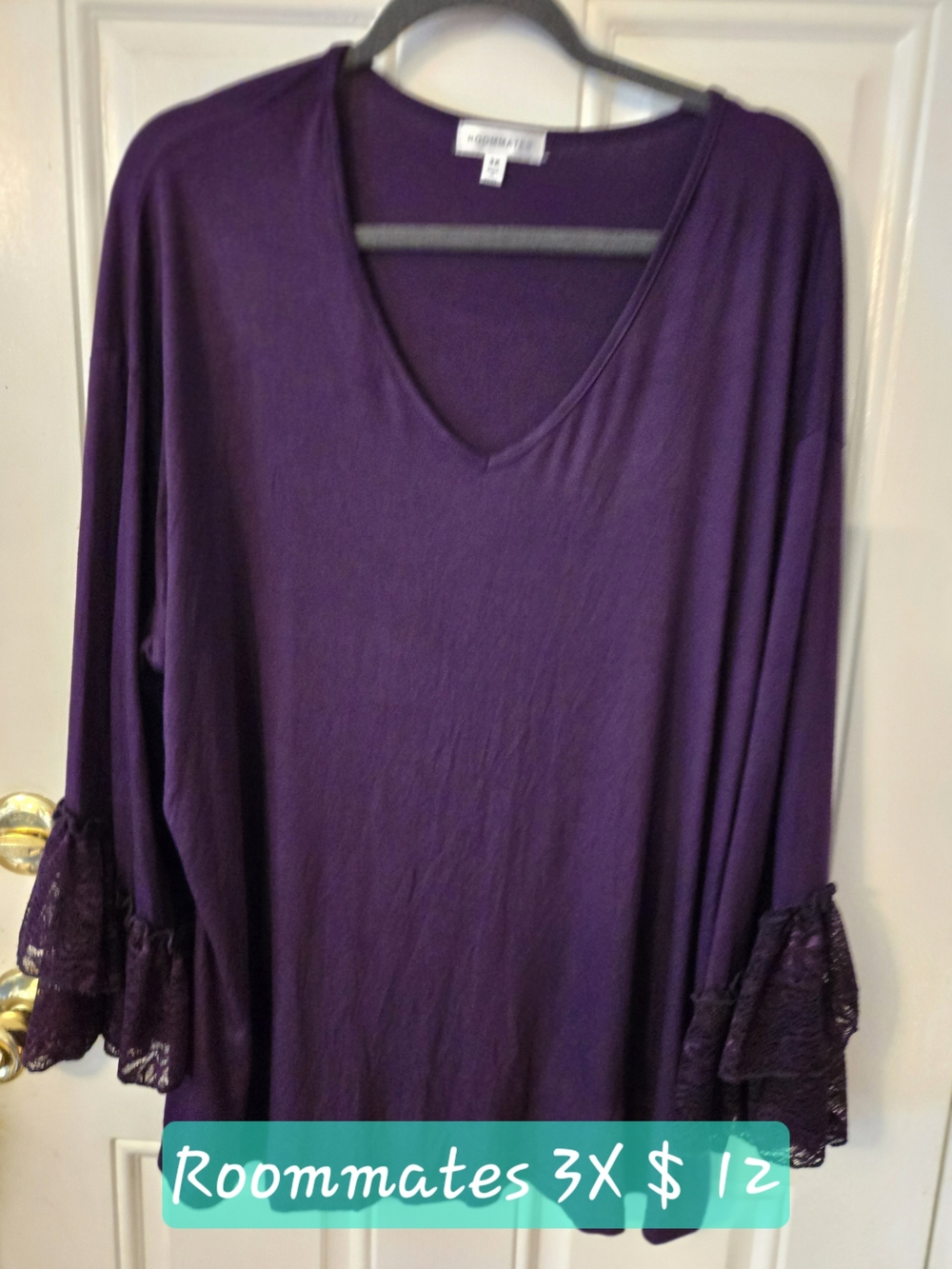 Roommates Plus-Size V-Neck Lace Bell Sleeve Top in Deep Purple